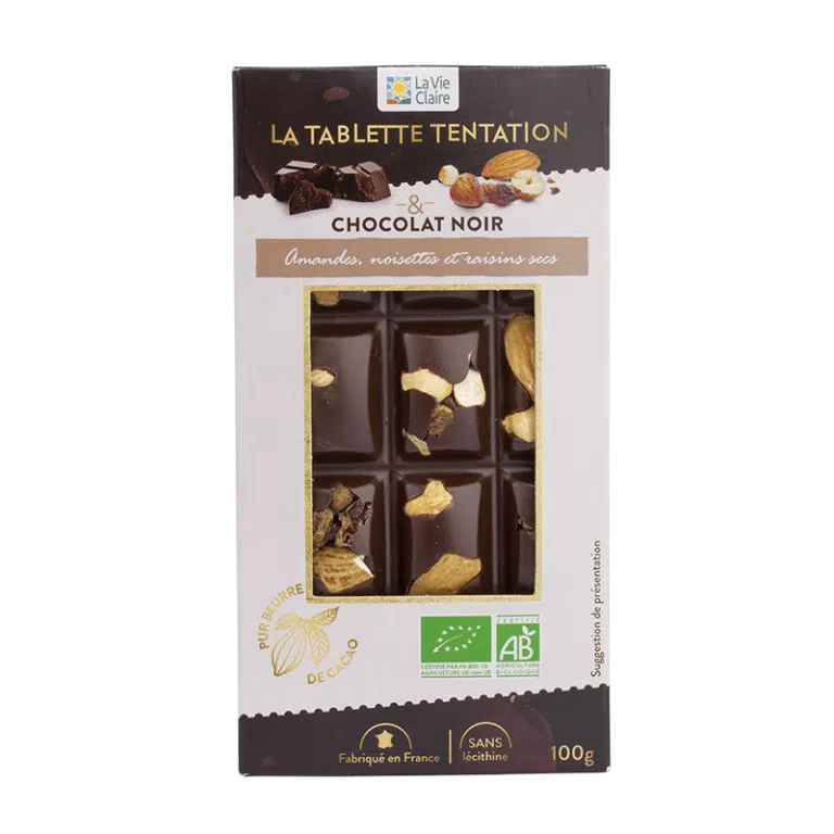 Tablette de chocolat noir incrustée amandes/noisettes/raisins secs 100g  - La Vie Claire